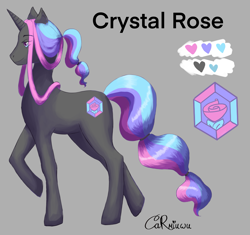 Size: 2841x2675 | Tagged: safe, artist:carmiuwu, imported from derpibooru, oc, oc only, oc:crystal rose, pony, unicorn, cutie mark, design, horn, multicolored hair, palette, pastel hair, rainbow hair, reference sheet, signature, simple background, solo, wavy hair