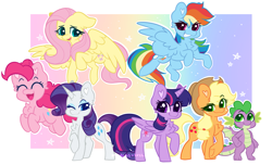 Size: 4753x2890 | Tagged: safe, artist:moccabliss, imported from derpibooru, applejack, fluttershy, pinkie pie, rainbow dash, rarity, spike, twilight sparkle, alicorn, dragon, earth pony, pegasus, pony, unicorn, folded wings, gradient background, mane six, spread wings, twilight sparkle (alicorn), winged spike, wings