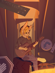 Size: 2800x3700 | Tagged: safe, artist:chapaevv, imported from derpibooru, oc, oc only, oc:sunrise, anthro, fallout equestria, barrel, campfire, clothes, commission, evening, fallout, female, food, guitar, musical instrument, outdoors, ruins, sitting, solo, stop sign, street