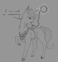 Size: 1350x1450 | Tagged: safe, artist:stray prey, imported from derpibooru, oc, oc only, oc:lucent, pony, unicorn, dialogue, magic, male, neckerchief, simple background, solo, stallion, telekinesis