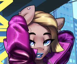Size: 2181x1815 | Tagged: safe, artist:jedayskayvoker, imported from derpibooru, advertisement, bedroom eyes, blue eyes, blue lipstick, clothes, cropped, cyberpunk, ear piercing, femboy, implants, lipstick, looking at you, makeup, male, patreon, patreon preview, piercing, raised eyebrow, solo, stallion, trap