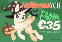 Size: 2048x1378 | Tagged: safe, artist:pastacrylic, imported from derpibooru, oc, oc only, bat, pony, chest fluff, green background, halloween, hat, holiday, jack-o-lantern, pumpkin, simple background, solo, witch hat, ych example, your character here