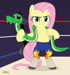 Size: 2000x2147 | Tagged: safe, artist:kuren247, imported from derpibooru, antoine, fluttershy, pegasus, pony, snake, bipedal, clothes, crossover, female, pro wrestling, show accurate, solo, sports, stare, tights, wrestling, wrestling ring, wwe