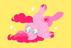 Size: 2048x1382 | Tagged: safe, artist:pastacrylic, imported from derpibooru, pinkie pie, earth pony, pony, colored hooves, female, looking at you, lying down, mare, on back, rolling, simple background, solo, upside down, yellow background