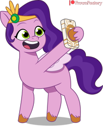 Size: 3485x4275 | Tagged: safe, artist:frownfactory, imported from derpibooru, pipp petals, pegasus, pony, adorapipp, cellphone, cute, female, g5, happy, jewelry, mare, my little pony: tell your tale, open mouth, open smile, phone, selfie, simple background, smartphone, smiling, solo, tiara, transparent background, vector, wings