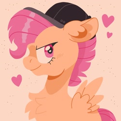 Size: 2048x2048 | Tagged: safe, artist:pastacrylic, imported from derpibooru, scootaloo, pegasus, pony, abstract background, baseball cap, cap, chest fluff, ear fluff, female, filly, foal, hat, solo, spread wings, wings