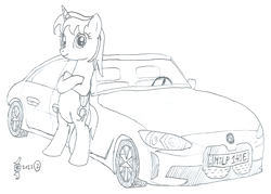 Size: 1894x1359 | Tagged: safe, artist:parclytaxel, imported from derpibooru, oc, oc only, oc:parcly taxel, alicorn, pony, ain't never had friends like us, albumin flask, alicorn oc, bipedal, bipedal leaning, bmw, bmw i4, car, crossed hooves, electric car, female, germany, horn, leaning, lineart, looking at you, mare, monochrome, munich, parcly taxel in europe, pencil drawing, smiling, solo, story included, traditional art, wings