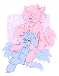 Size: 1668x2139 | Tagged: safe, artist:ls_skylight, imported from derpibooru, oc, alicorn, earth pony, pegasus, pony, unicorn, between legs, chest fluff, commission, sitting, snuggling, underhoof, wings, ych example, ych sketch, your character here