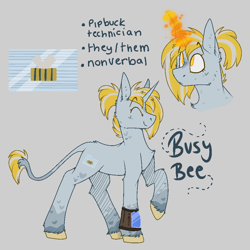 Size: 1000x1000 | Tagged: safe, artist:molars, imported from derpibooru, oc, oc only, oc:busy bee, pony, unicorn, fallout equestria, doodle, magic, nonbinary, pipbuck, reference sheet, solo