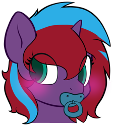 Size: 452x500 | Tagged: safe, artist:binkyroom, imported from derpibooru, oc, oc:charming dazz, unicorn, abdl, blushing, looking away, pacifier, patreon, patreon reward, simple background, solo, sticker, transparent background