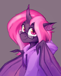 Size: 1556x1944 | Tagged: safe, artist:jewellier, imported from derpibooru, oc, oc only, oc:sithilis, bat pony, changeling, hybrid, bat pony oc, bat wings, bust, changeling oc, clothes, glasses, gray background, hoodie, horn, looking at you, portrait, simple background, solo, sparkles, wings