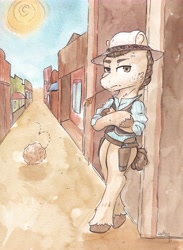 Size: 4610x6283 | Tagged: safe, artist:lightisanasshole, imported from derpibooru, oc, oc only, pegasus, pony, bipedal, city, clothes, complex background, cowboy, cowboy hat, desert, gun, hat, looking at you, male, red dead redemption, sheriff, shirt, stallion, sun, traditional art, unimpressed, watercolor painting, weapon, wild west