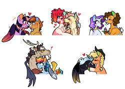 Size: 1280x909 | Tagged: safe, artist:queerhorses, imported from derpibooru, applejack, cheese sandwich, discord, fluttershy, pinkie pie, quibble pants, rainbow dash, rarity, thunderlane, twilight sparkle, alicorn, draconequus, earth pony, pegasus, pony, unicorn, alternate design, blushing, cheesity, crack shipping, discodash, female, flutterpie, heart, hug, lesbian, male, mane six, quibblelight, shipping, simple background, straight, thunderjack, trans male, transgender, transparent background, twilight sparkle (alicorn)