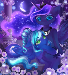 Size: 3000x3300 | Tagged: safe, artist:monstrum, imported from derpibooru, princess luna, oc, alicorn, pegasus, pony, beautiful, canon x oc, commission, cute, flower, horn, moon, night, wings, ych result