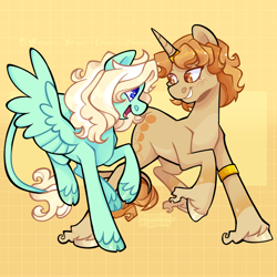 Size: 2500x2500 | Tagged: safe, artist:3ggmilky, imported from derpibooru, oc, oc only, pegasus, pony, unicorn, cloven hooves, commission, duo, eye scar, facial scar, horn, horn ring, leonine tail, looking at each other, looking at someone, open mouth, open smile, ring, scar, smiling, tail, unshorn fetlocks