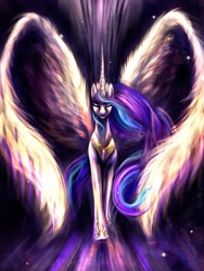 Size: 900x1200 | Tagged: safe, artist:kreativpony, imported from derpibooru, princess celestia, alicorn, jewelry, large wings, regalia, solo, wings