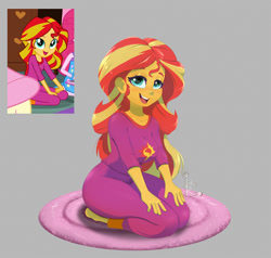 Size: 1200x1142 | Tagged: safe, artist:inkypuso, imported from derpibooru, screencap, sunset shimmer, human, equestria girls, rainbow rocks, barefoot, bedroom eyes, breasts, clothes, cute, feet, female, happy, kneeling, open mouth, open smile, pajamas, pants, screencap reference, shimmerbetes, shirt, smiling, solo