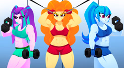 Size: 3800x2100 | Tagged: safe, artist:xan-gelx, imported from derpibooru, adagio dazzle, aria blaze, sonata dusk, human, equestria girls, acardio dazzle, aria brute, aria buff, biceps, bodybuilder, clothes, dumbbell (object), female, gritted teeth, gym, gym uniform, muscles, muscular female, sweat, sweatdrops, swolenata dusk, teeth, the dazzlings, weight lifting, weights, workout, workout outfit