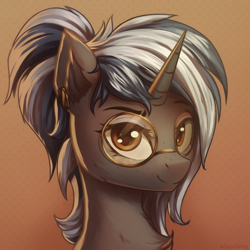 Size: 2000x2000 | Tagged: safe, artist:adagiostring, imported from derpibooru, oc, oc only, oc:nebula flare, pony, unicorn, bust, chest fluff, ear fluff, ear piercing, earring, eyebrows, eyeshadow, female, freckles, glasses, high res, horn, jewelry, looking at you, makeup, mare, piercing, raised eyebrow, signature, smiling, smiling at you, solo, unicorn oc