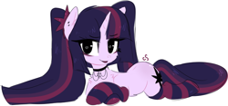 Size: 1396x654 | Tagged: safe, artist:cutiesparke, imported from derpibooru, twilight sparkle, pony, unicorn, :p, alternate cutie mark, alternate design, alternate hairstyle, butt blush, choker, clothes, eyelashes, eyeliner, hairpin, jewelry, looking sideways, lying down, makeup, pigtails, socks, solo, stockings, striped socks, thigh highs, tongue out, twintails, unicorn twilight