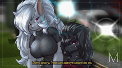 Size: 3840x2160 | Tagged: safe, artist:maximus, imported from derpibooru, oc, oc only, oc:ashley rivera, anthro, bat, unicorn, big breasts, breasts, duo, duo female, female, looking at you, park, text