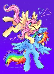 Size: 1506x2048 | Tagged: safe, artist:boxxycat_, imported from derpibooru, fluttershy, rainbow dash, pegasus, pony, cute, dashabetes, digital art, duo, female, flutterdash, hug, hug from behind, lesbian, one eye closed, outline, shipping, shyabetes, signature, spread wings, wings