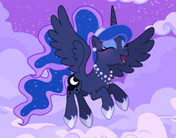 Size: 1374x1080 | Tagged: dead source, safe, artist:cstrawberrymilk, imported from derpibooru, princess luna, alicorn, pony, alternate hairstyle, cute, female, flying, hoof shoes, jewelry, lunabetes, mare, necklace, night, pearl necklace, smiling, solo, stars