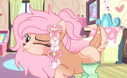 Size: 1749x1080 | Tagged: safe, artist:cstrawberrymilk, imported from derpibooru, deer, deer pony, original species, :p, bed, braid, clothes, female, indoors, mare, one eye closed, socks, solo, striped socks, tongue out, wink