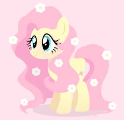 Size: 1117x1080 | Tagged: safe, artist:cstrawberrymilk, imported from derpibooru, fluttershy, pegasus, pony, cute, eyelashes, female, flower, flower in hair, mare, pink background, shyabetes, simple background, smiling, solo