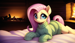 Size: 3072x1792 | Tagged: safe, imported from derpibooru, fluttershy, pegasus, pony, ai content, ai generated, bed, clothes, cute, female, fireplace, generator:novelai, mare, shyabetes, solo, sweater, sweatershy, the quality of ai art is frightening