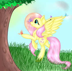 Size: 3152x3124 | Tagged: safe, artist:aquasky987, imported from derpibooru, fluttershy, pegasus, pony, eyelashes, female, mare, outdoors, rearing, slim, solo, tree, wings