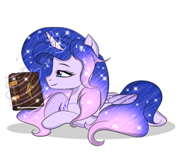 Size: 2976x2608 | Tagged: safe, artist:existencecosmos188, imported from derpibooru, oc, oc only, oc:existence, alicorn, pony, alicorn oc, base used, book, ethereal mane, eyelashes, glowing, glowing horn, horn, magic, reading, simple background, smiling, solo, starry mane, telekinesis, transparent background, wings