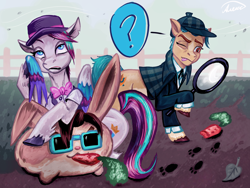 Size: 1600x1200 | Tagged: safe, artist:veanakart, imported from derpibooru, hitch trailblazer, zipp storm, earth pony, pegasus, pony, rabbit, bunnycorn, carrot, clueless, detective, female, food, g5, hat, herbivore, magnifying glass, male, sherlock holmes, unamused, zipp storm is not amused