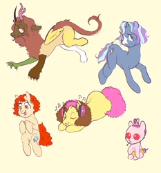 Size: 1556x1666 | Tagged: safe, artist:vilesmell, imported from derpibooru, li'l cheese, oc, oc:demure, oc:enchanting glimmer, oc:red shimmer apple, oc:treasure apple, draconequus, earth pony, hybrid, pony, unicorn, the last problem, baby, baby pony, draconequus oc, interspecies offspring, magical lesbian spawn, offspring, parent:apple bloom, parent:applejack, parent:diamond tiara, parent:discord, parent:fluttershy, parent:rarity, parent:starlight glimmer, parent:trixie, parents:diamondbloom, parents:discoshy, parents:rarijack, parents:startrix, simple background, teenager, toddler, yellow background