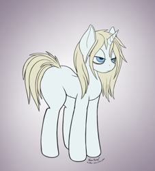 Size: 1000x1100 | Tagged: safe, artist:jessijinx, imported from ponybooru, oc, pony, unicorn, /mlp/, 4chan, bags under eyes, blonde, blonde mane, blonde tail, bored, butt, dock, eyelashes, femboy, girly, large butt, male, neet, sketch, solo, stallion, standing, thighs, thunder thighs, tired, trap, wide hips