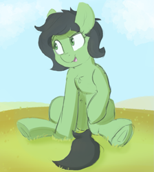 Size: 967x1077 | Tagged: safe, artist:anonymous, oc, oc only, oc:filly anon, pony, chest fluff, female, filly, image, misleading thumbnail, outdoors, png, sitting, smug, solo, underhoof