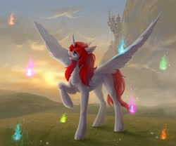 Size: 2560x2133 | Tagged: safe, artist:inarimayer, imported from derpibooru, alicorn, pony, canterlot castle, cloud, female, fire, magic fire, mare, mountain, scenery, solo, spread wings, standing, sunset, surprised, wings