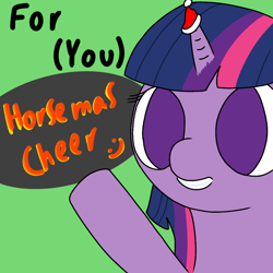 Size: 1000x1000 | Tagged: safe, artist:shuffle, twilight sparkle, pony, unicorn, christmas, hat, holiday, pointing, santa hat, secret santa, solo, text