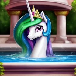 Size: 1024x1024 | Tagged: safe, editor:dovakkins, imported from derpibooru, princess celestia, alicorn, pony, ai content, ai generated, bathing, beautiful, bust, female, generator:purplesmart.ai, generator:stable diffusion, jewelry, regalia, smiling, solo, the quality of ai art is frightening, wet, wet mane