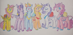 Size: 1280x609 | Tagged: safe, artist:durimelon, imported from derpibooru, part of a set, applejack, fluttershy, pinkie pie, rainbow dash, rarity, twilight sparkle, alicorn, alicorn six, alicornified, applecorn, clothes, fluttercorn, jetpack, leonine tail, leotard, mane six, pinkiecorn, race swap, rainbowcorn, raricorn, standing, tail, talking, traditional art, twilight sparkle (alicorn), xk-class end-of-the-world scenario