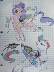 Size: 776x1030 | Tagged: safe, artist:durimelon, imported from derpibooru, part of a set, pipp petals, zipp storm, alicorn, pony, clothes, flying, g5, graph paper, jetpack, leonine tail, leotard, pippcorn, tail, traditional art, zippcorn