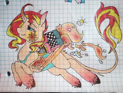 Size: 1030x776 | Tagged: safe, artist:durimelon, imported from derpibooru, part of a set, sunset shimmer, alicorn, alicornified, clothes, flying, graph paper, jetpack, leonine tail, leotard, race swap, shimmercorn, solo, tail, traditional art