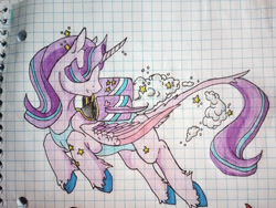 Size: 1030x776 | Tagged: safe, artist:durimelon, imported from derpibooru, part of a set, starlight glimmer, alicorn, alicornified, clothes, flying, graph paper, jetpack, leonine tail, leotard, race swap, solo, starlicorn, tail, traditional art