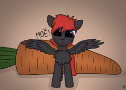 Size: 1877x1334 | Tagged: safe, artist:hardrock, imported from derpibooru, oc, oc only, oc:rosetta hask, pegasus, pony, carrot, chest fluff, food, looking at you, solo, spread wings, wings