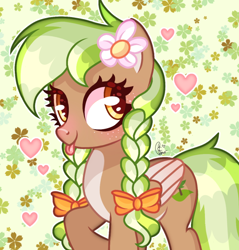 Size: 646x675 | Tagged: safe, artist:cstrawberrymilk, imported from derpibooru, oc, oc only, oc:sylvia evergreen, pegasus, pony, :p, abstract background, braid, braided pigtails, female, flower, flower in hair, freckles, hair tie, heart, mare, pegasus oc, pigtails, solo, tongue out, wings