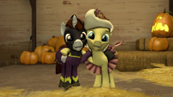 Size: 3840x2160 | Tagged: safe, artist:neoar2000, imported from derpibooru, oc, oc only, oc:brass melody, oc:neo star, alicorn, earth pony, pony, 3d, cheek to cheek, clothes, costume, halloween, halloween costume, hay bale, holiday, hoof on shoulder, jack-o-lantern, jewelry, pumpkin, shadowbolts costume, smiling, source filmmaker, tiara, tutu