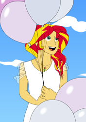 Size: 596x842 | Tagged: safe, artist:hakdurbin, imported from derpibooru, sunset shimmer, human, equestria girls, balloon, clothes, cloud, dress, happy, jewelry, necklace, sky background, wedding dress