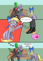 Size: 2481x3509 | Tagged: safe, artist:dinosaurcol, imported from derpibooru, derpy hooves, limestone pie, oc, oc:anon, earth pony, human, pegasus, pony, abuse, butt, comic, crying, cuckold, cuckolding, derp, derpybuse, female, letter, love letter, mare, plot, romance, sitting, unrequited, wings