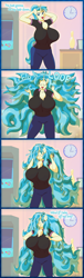 Size: 1550x5125 | Tagged: safe, artist:gunpowdergreentea, imported from derpibooru, allie way, anthro, unicorn, 4 panel comic, bedroom eyes, big breasts, breasts, busty allie way, cartoon physics, chest fluff, clothes, comic, dialogue, eyes closed, female, hammerspace, high res, huge breasts, huge hair, impossibly large breasts, loose hair, mare, one eye closed, pants, polo shirt, solo, talking to viewer