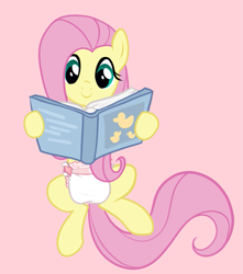 Size: 849x960 | Tagged: safe, artist:juicebarx, imported from derpibooru, fluttershy, pegasus, pony, book, diaper, diaper fetish, fetish, non-baby in diaper, pink diaper, reading, sequence, show accurate, simple background, smiling, solo